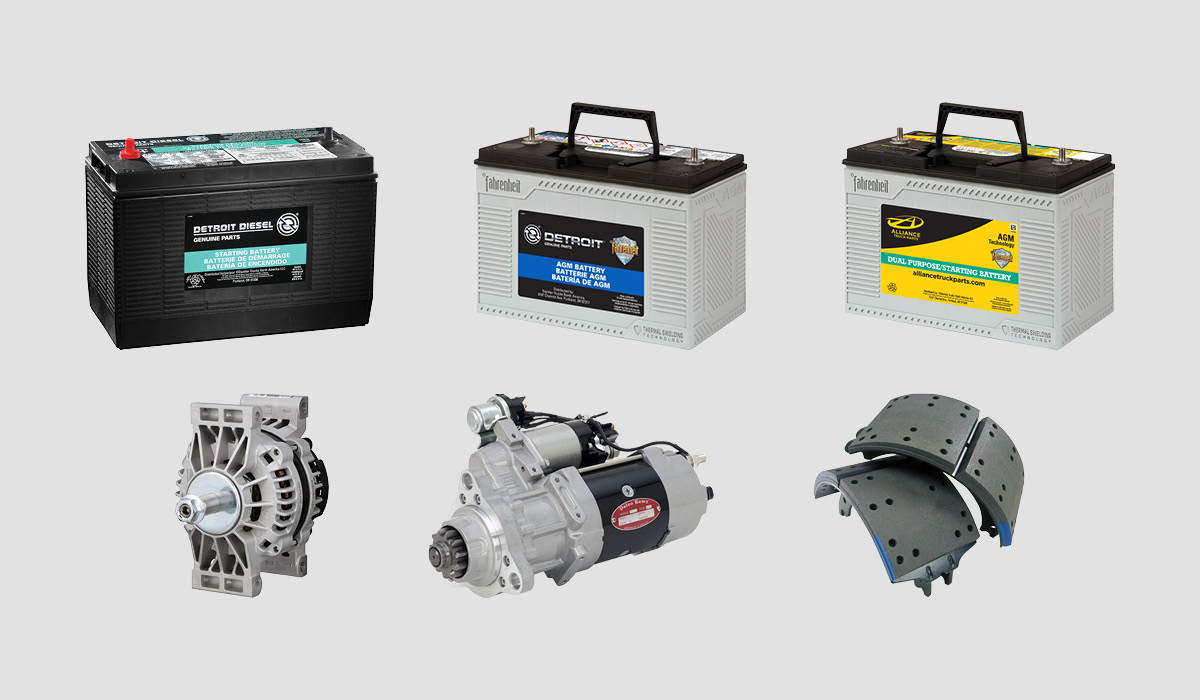 Graphic of various batteries, starters, alternators, and brake shoes.