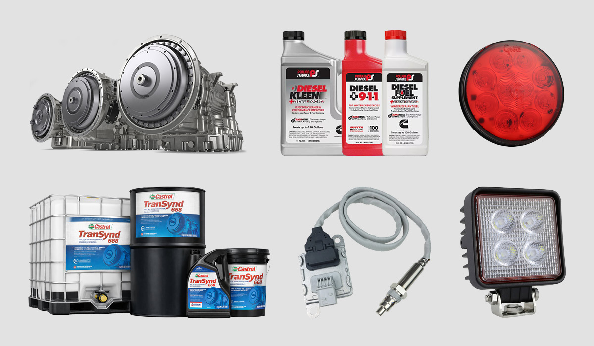 Graphic of various Allison ReTran transmissions, TRANSYND 668 products, NOX sensor, and truck lights.