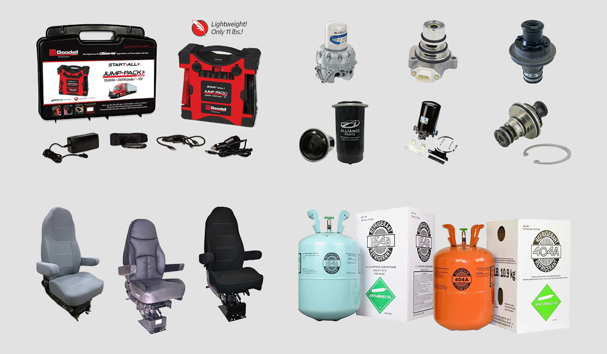 Graphic of various jump packs, air dryers, air dryer cartridges, truck seats, and R134A and R404A freon & refrigerants.