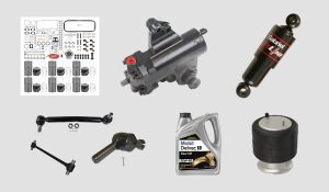 Graphic of various PAI Industries In-Frame Rebuild Kits; Total Truck Solutions Tie Rod Ends, Drag Links, and Torque Bars; Weller Steering Gears; Mobil Delvac 1 Gear Oil; Gabriel Shocks; and Freightliner / Firestone Air Springs.