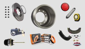 Graphic showing Total Truck Solutions and Meritor brake drums, Meritor and Euclid reman brake shoes, Meritor and Proline brake components, RevHD wheel seals, Meritor air disc pads & rotors, and Grote lights.