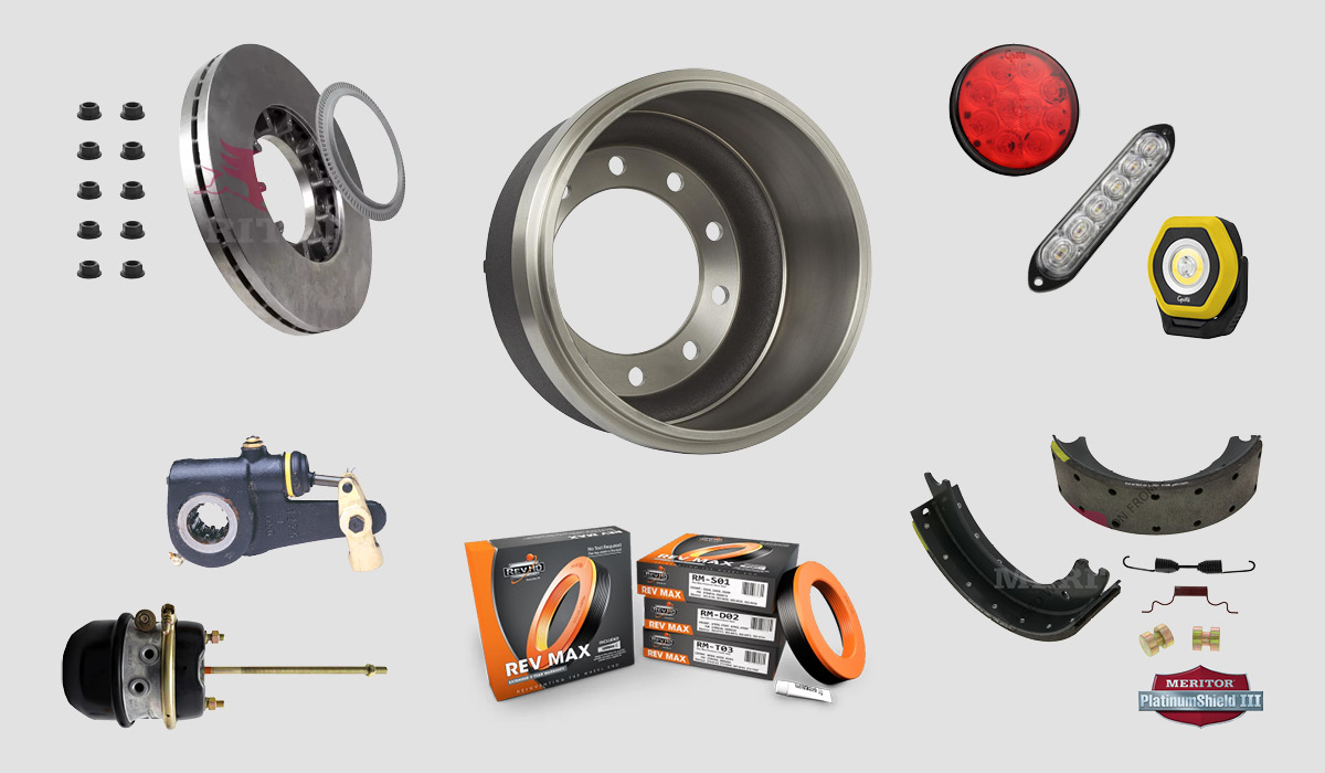 Graphic showing Total Truck Solutions and Meritor brake drums, Meritor and Euclid reman brake shoes, Meritor and Proline brake components, RevHD wheel seals, Meritor air disc pads & rotors, and Grote lights.